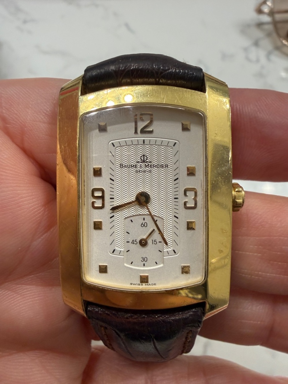 Baume & Mercier Men's Gold-Tone Rectangular Watch with Brown Leather Strap
